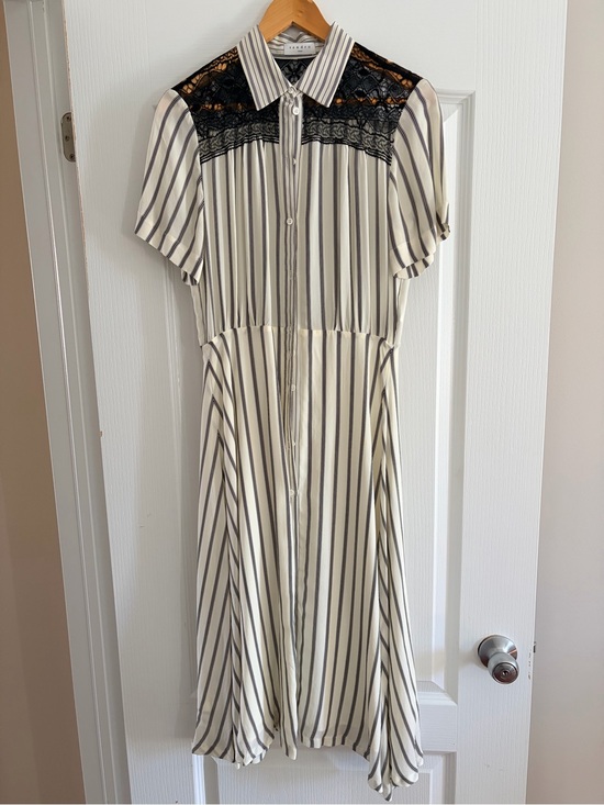 Sandro Dresses & Skirts - Sandro Cream and Black Striped Midi Dress with Lace Yoke